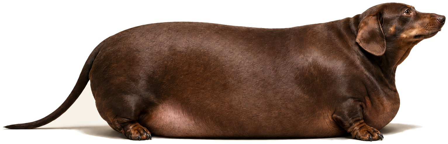 Simon the sausage dog lying in full profile: an extremely rotund, glossy chocolate-brown dachshund