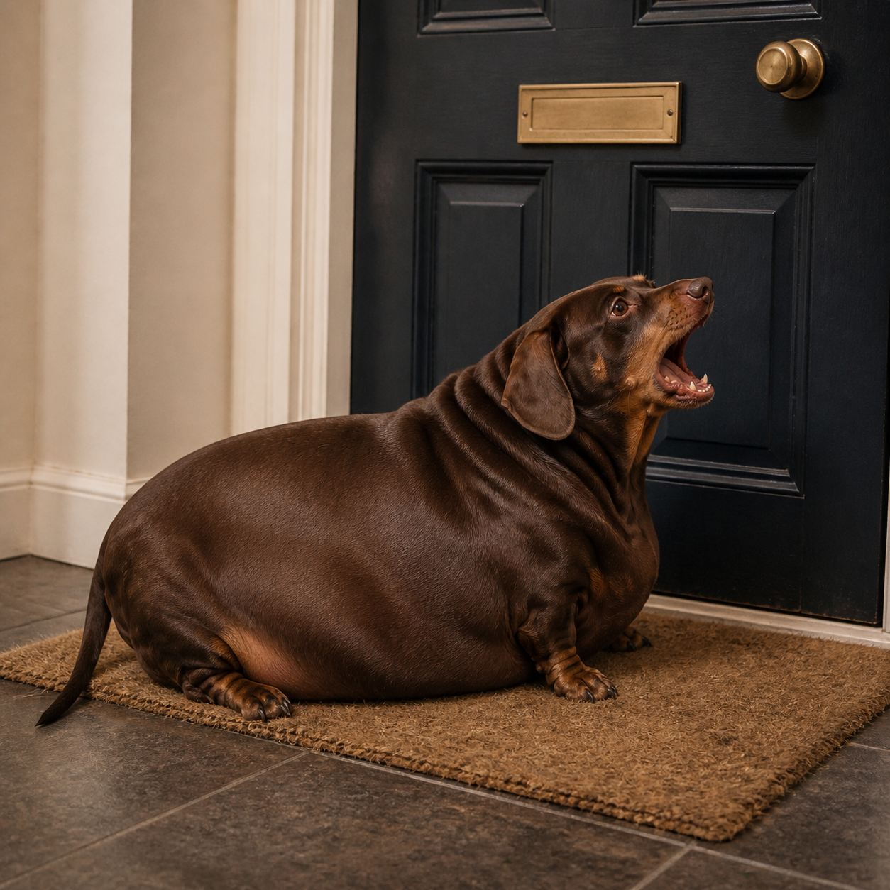 Simon barking furiously at the front door from the doormat