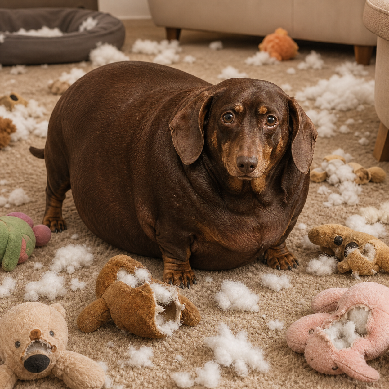 Simon standing unrepentant among torn plush toys and stuffing