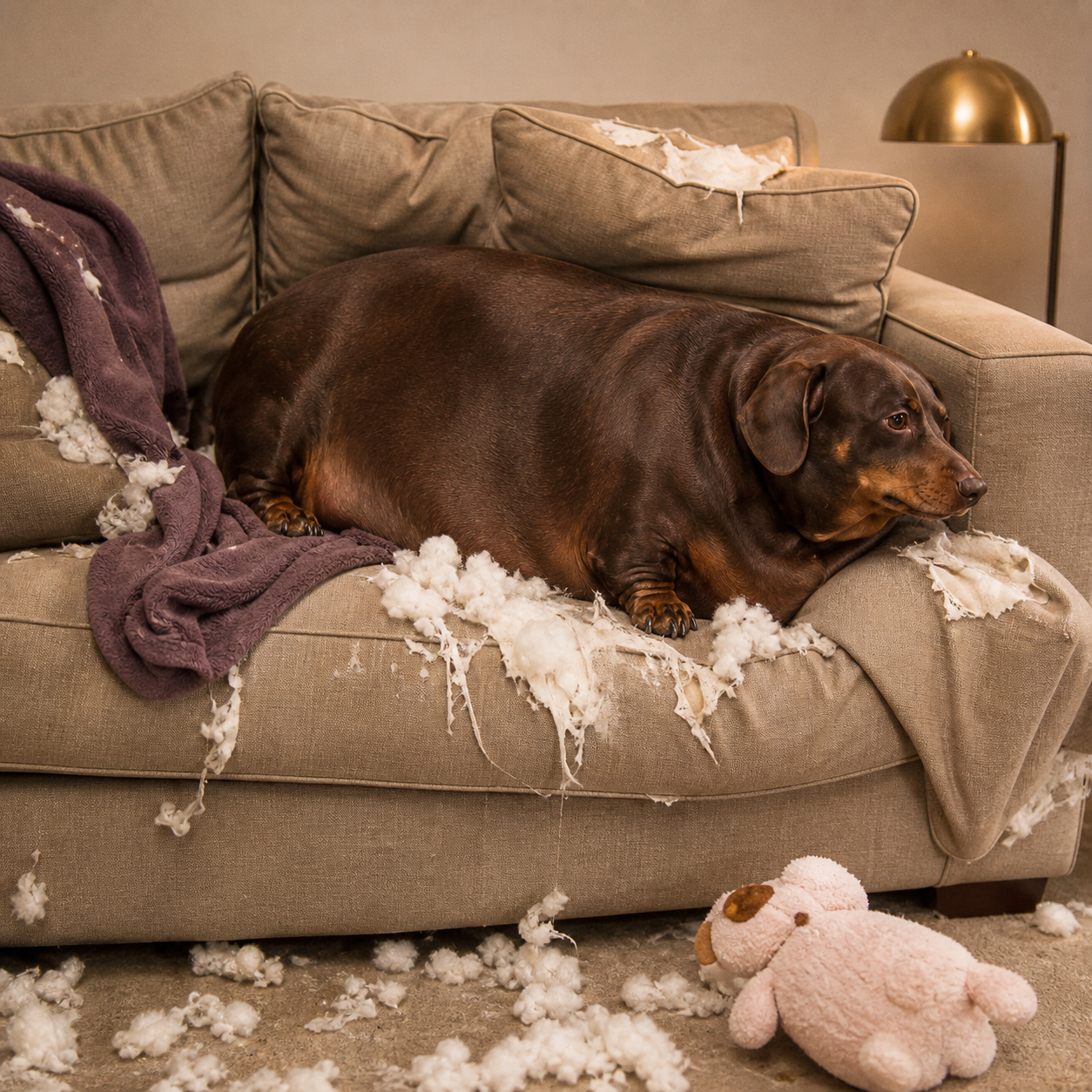 Simon lying triumphantly on a sofa with a burst cushion