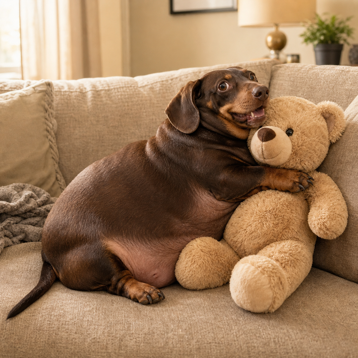 Simon clutching a large plush teddy bear on a sofa