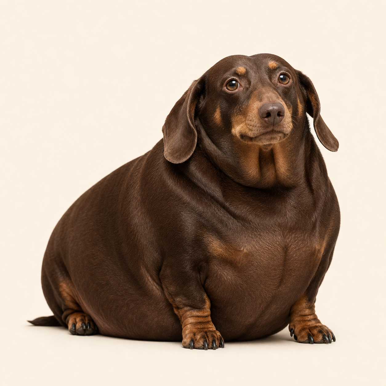 Formal portrait of Simon, a very rotund brown dachshund, seated and looking faintly smug