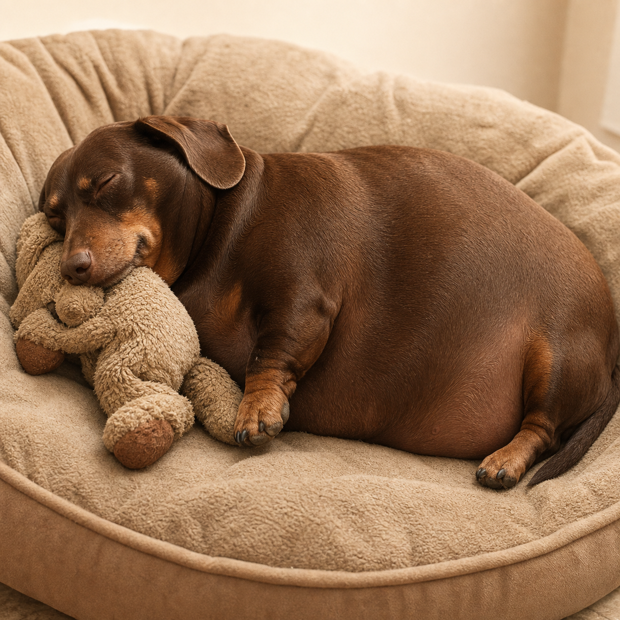 Simon asleep on his side on a beige dog bed beside a plush toy